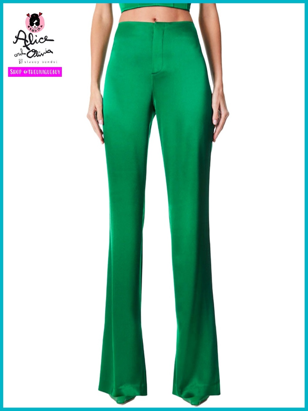 Alice + Olivia Teeny Emerald Green Fit & Flare Bootcut Satin Pant